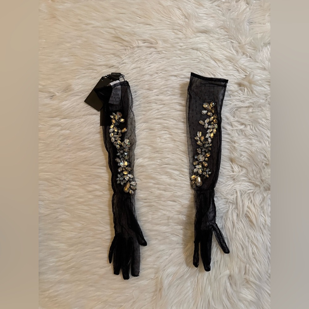 Dolce & Gabbana New Long Mesh Gloves Crystal Black 7.5